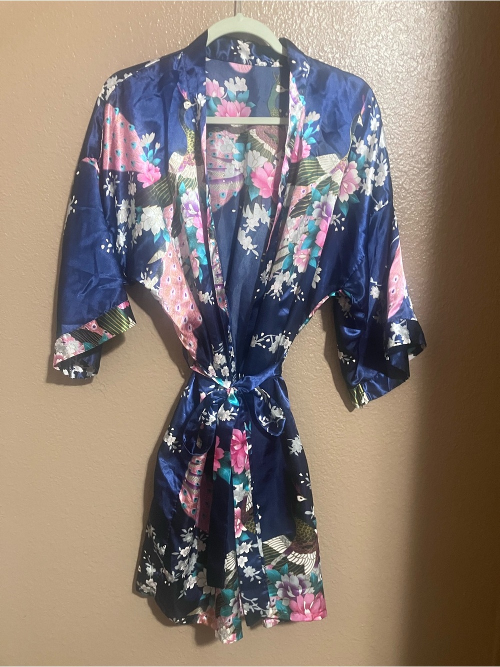 Women's Navy Floral Satin Kimono Robe - Picture 2 of 4